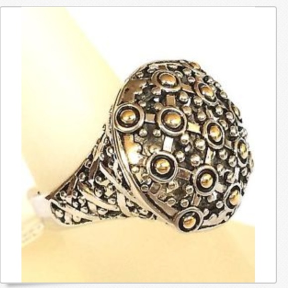 Art Deco Boho Cocktail Ring Size 5 Bohemian Two tone Dome Gold Silver Plated - Picture 5 of 8